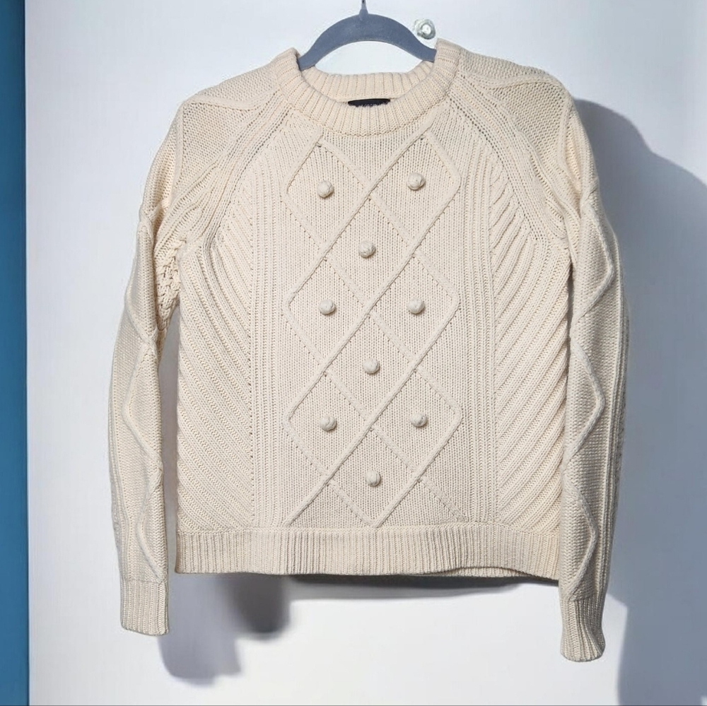 J.Crew Women’s Cream Cable Knit Wool Pom Pom Sweater